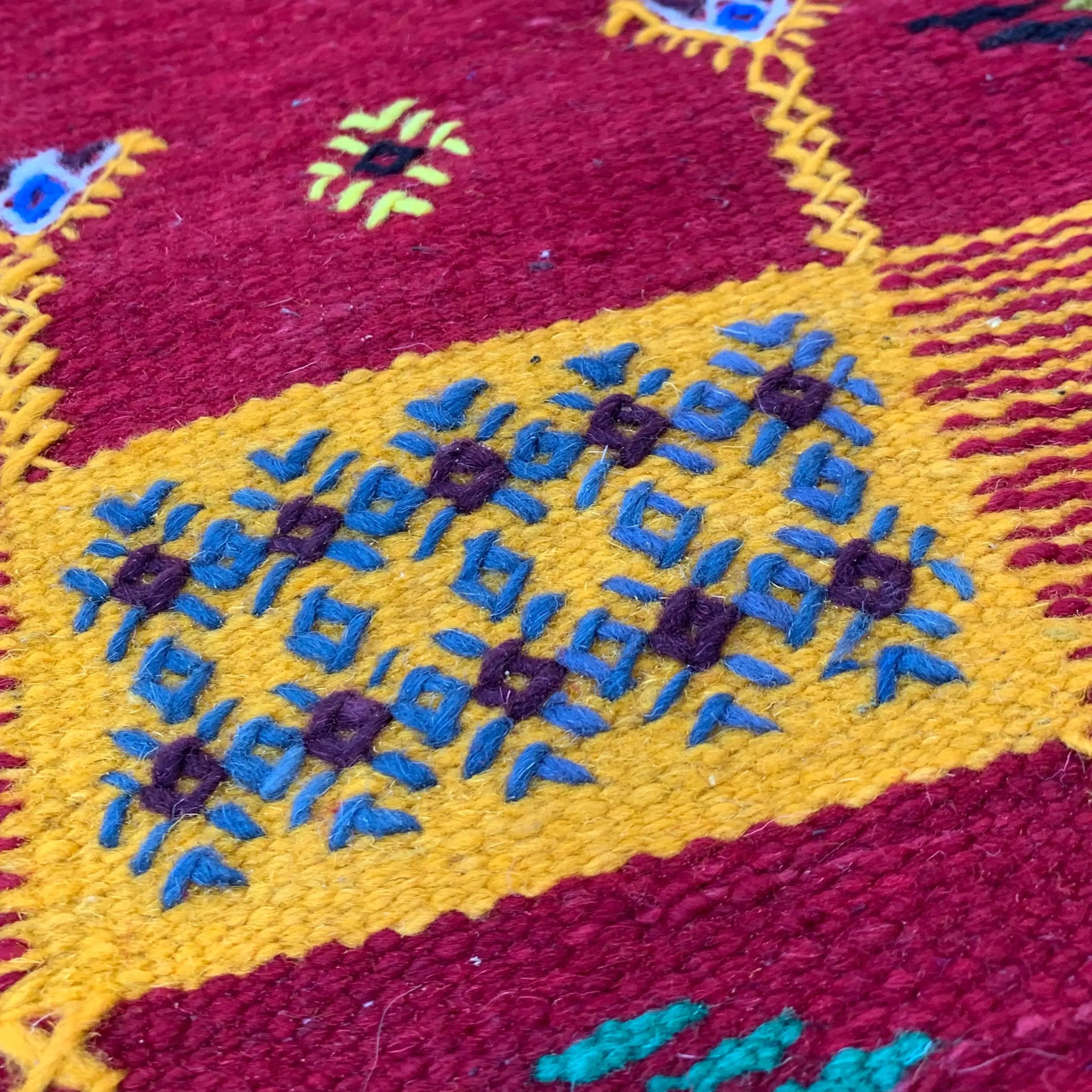 Small Red Flatweave Rug with Colorful Symbolic Motifs — 3’9” × 2’3” (104 × 67 cm) TazRugs