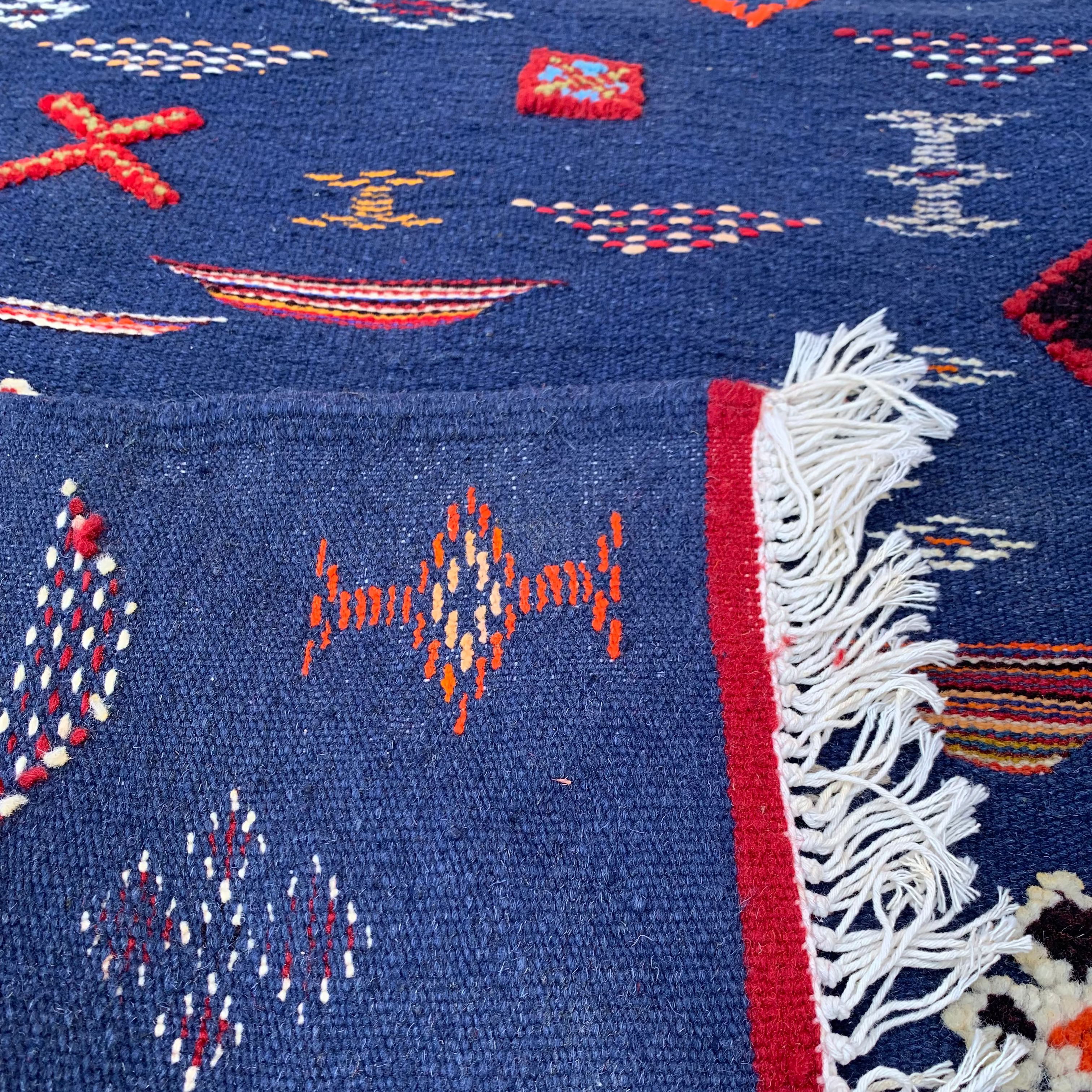 Navy Blue Moroccan Kilim Rug - Handwoven Flatweave Wool - berber Motifs - 61 x 26 in
