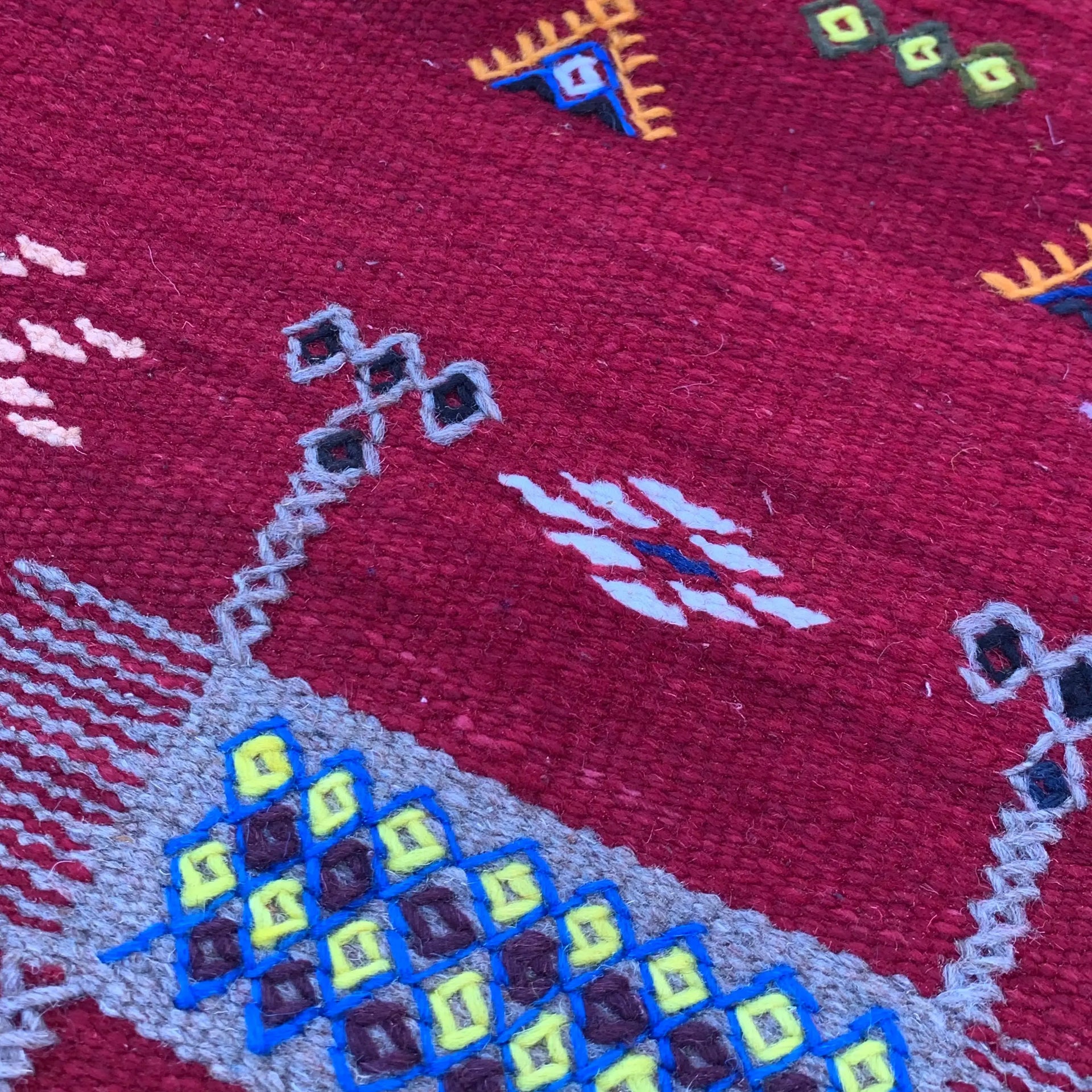 Small Red Flatweave Rug with Colorful Symbolic Motifs — 3’9” × 2’3” (104 × 67 cm) TazRugs