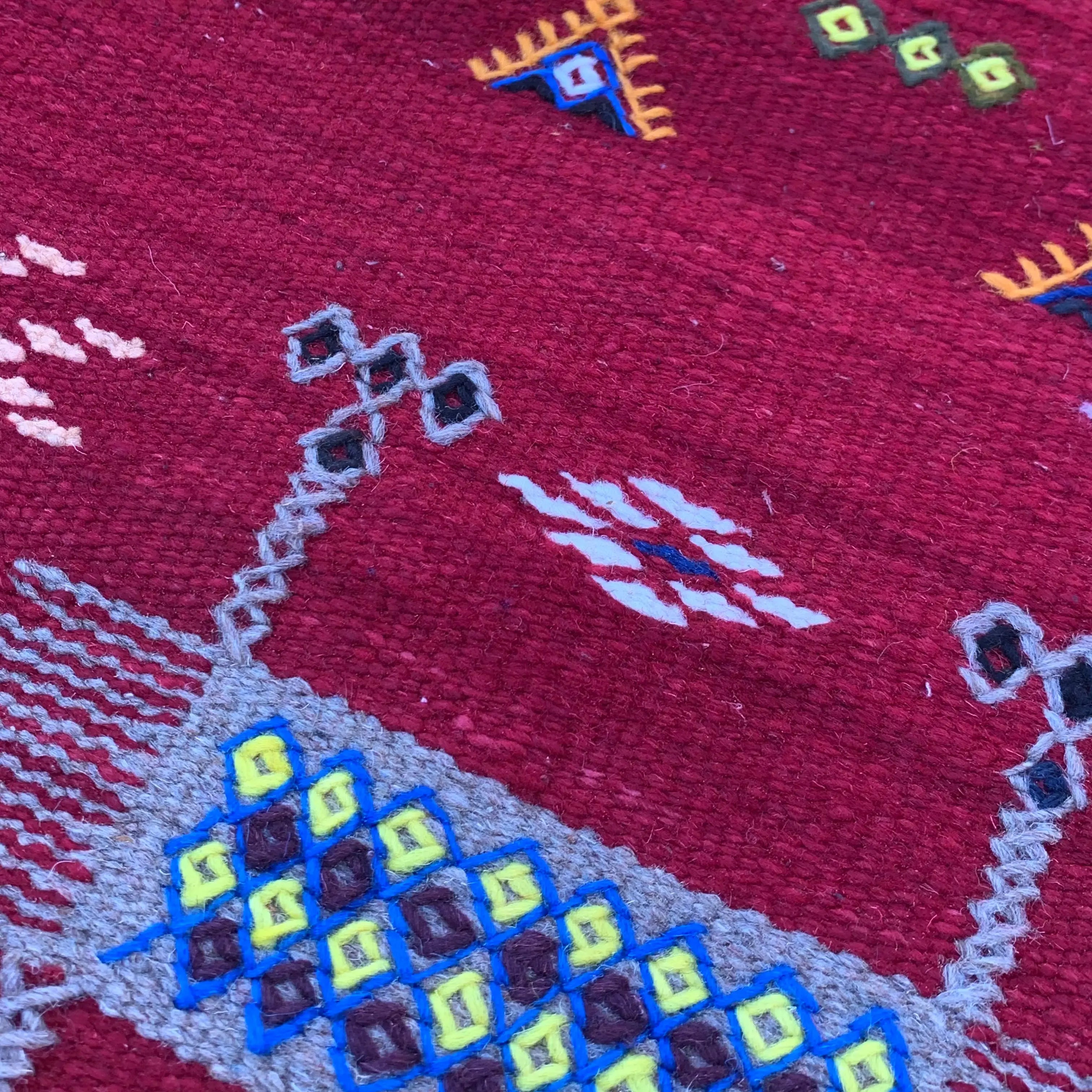 Small Red Flatweave Rug with Colorful Symbolic Motifs — 3’9” × 2’3” (104 × 67 cm) TazRugs