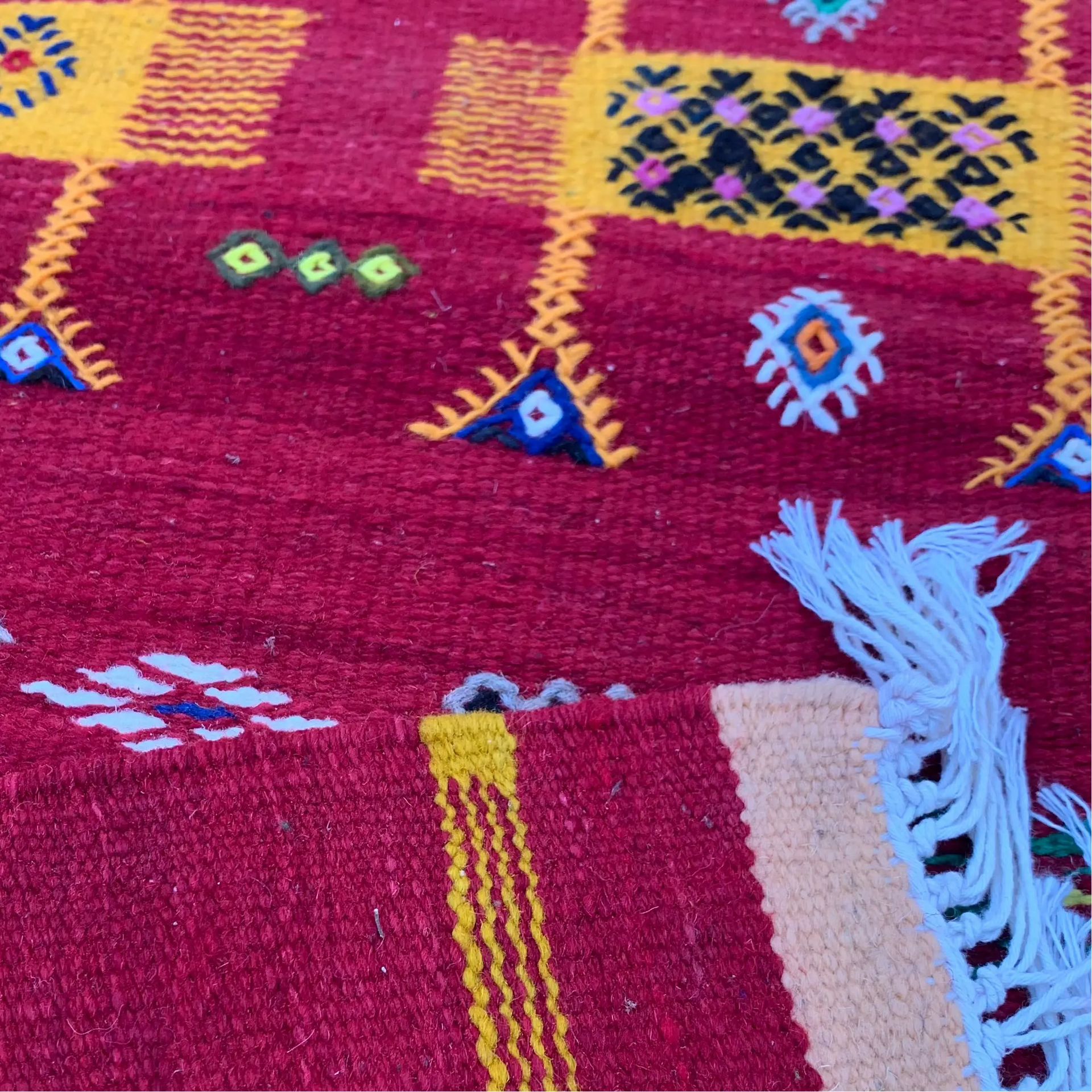 Small Red Flatweave Rug with Colorful Symbolic Motifs — 3’9” × 2’3” (104 × 67 cm) TazRugs