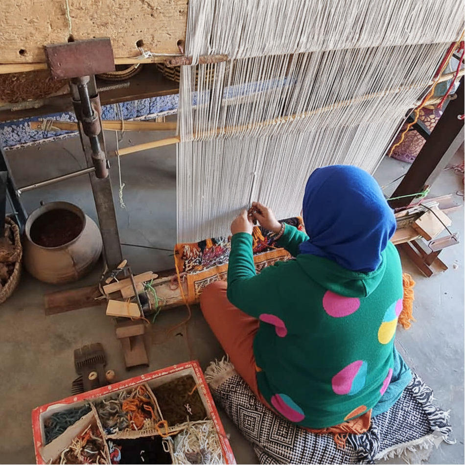 Safia Iminotrass, TazRugs master artisan, weaving an authentic Moroccan rug
