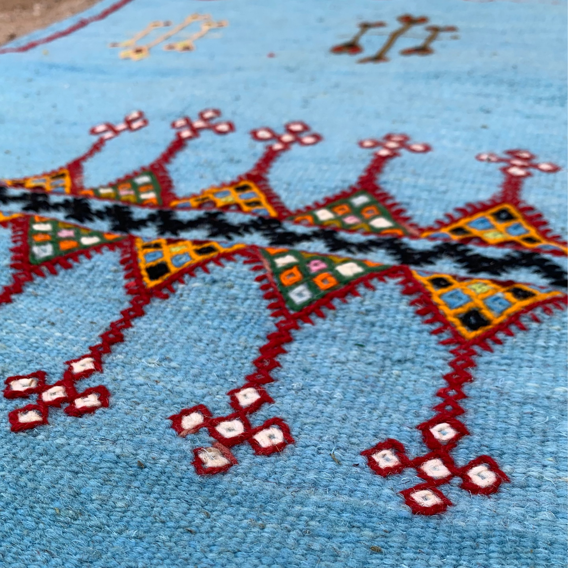 Close-up of a Small Blue Rug with intricate geometric pattern