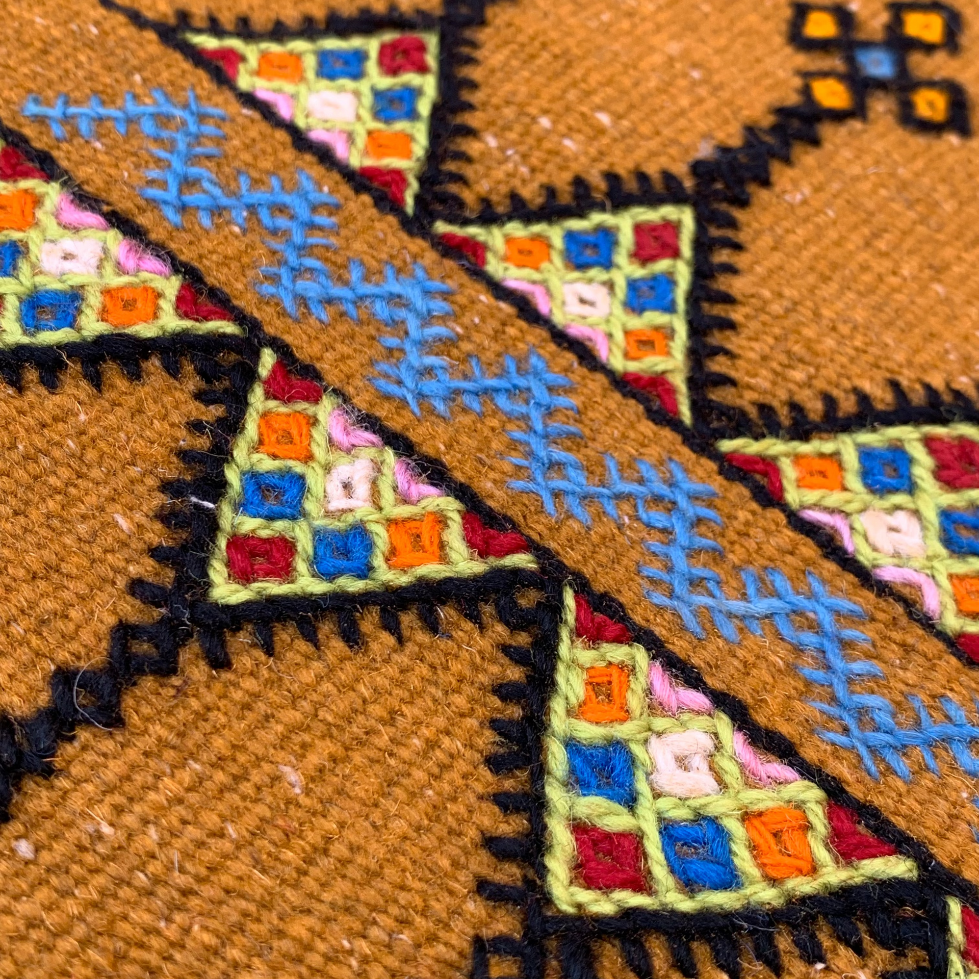 Close-up of a small kilim rug with geometric patterns and colors.