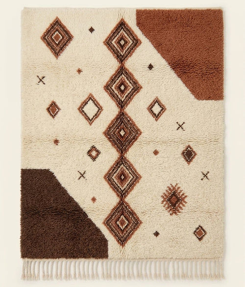 Cocoa Constellation contemporary Beni Ouarain-inspired Moroccan rug design with ivory, cocoa brown and terracotta geometric motifs.