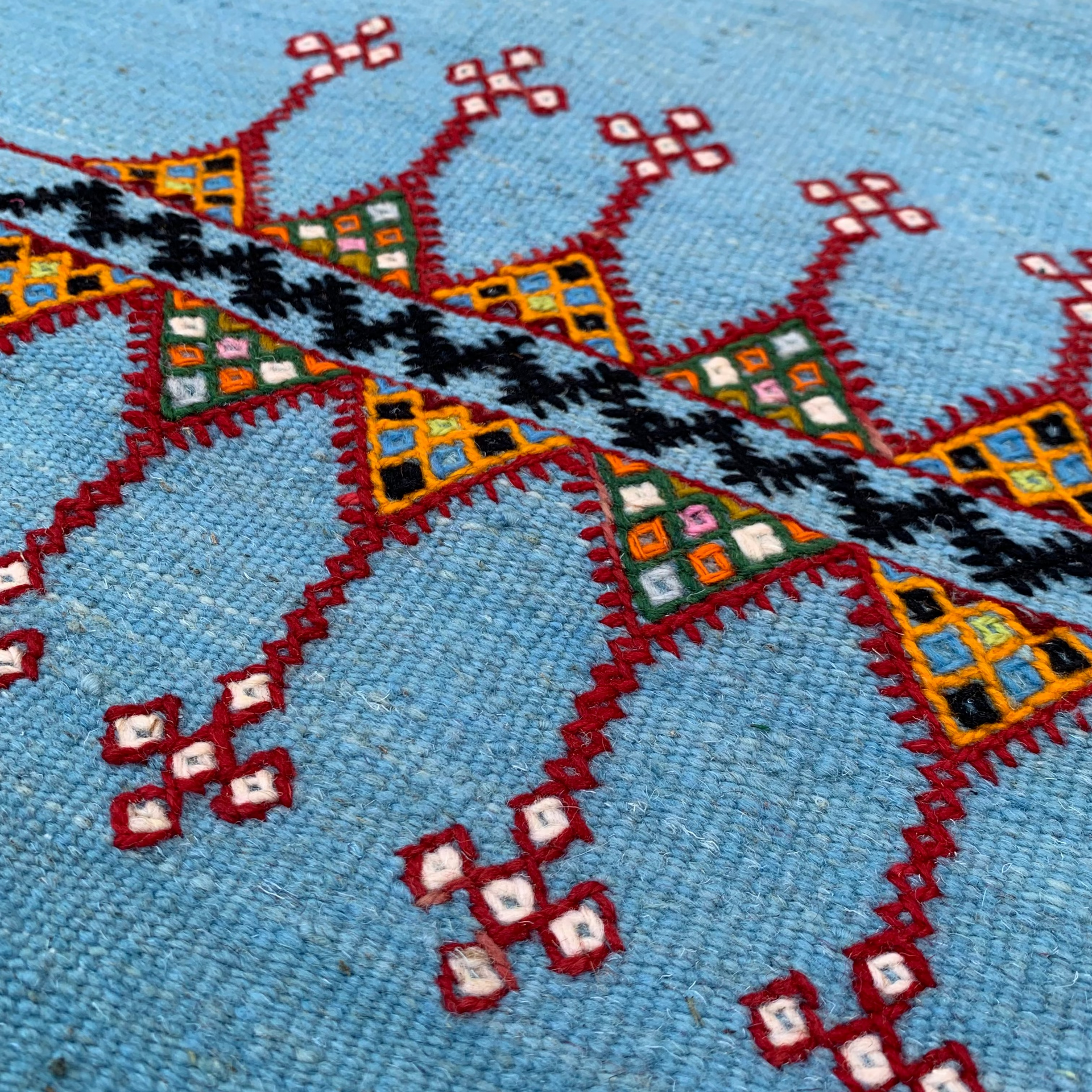 Close-up of a Small Blue Rug with geometric design on a blue background