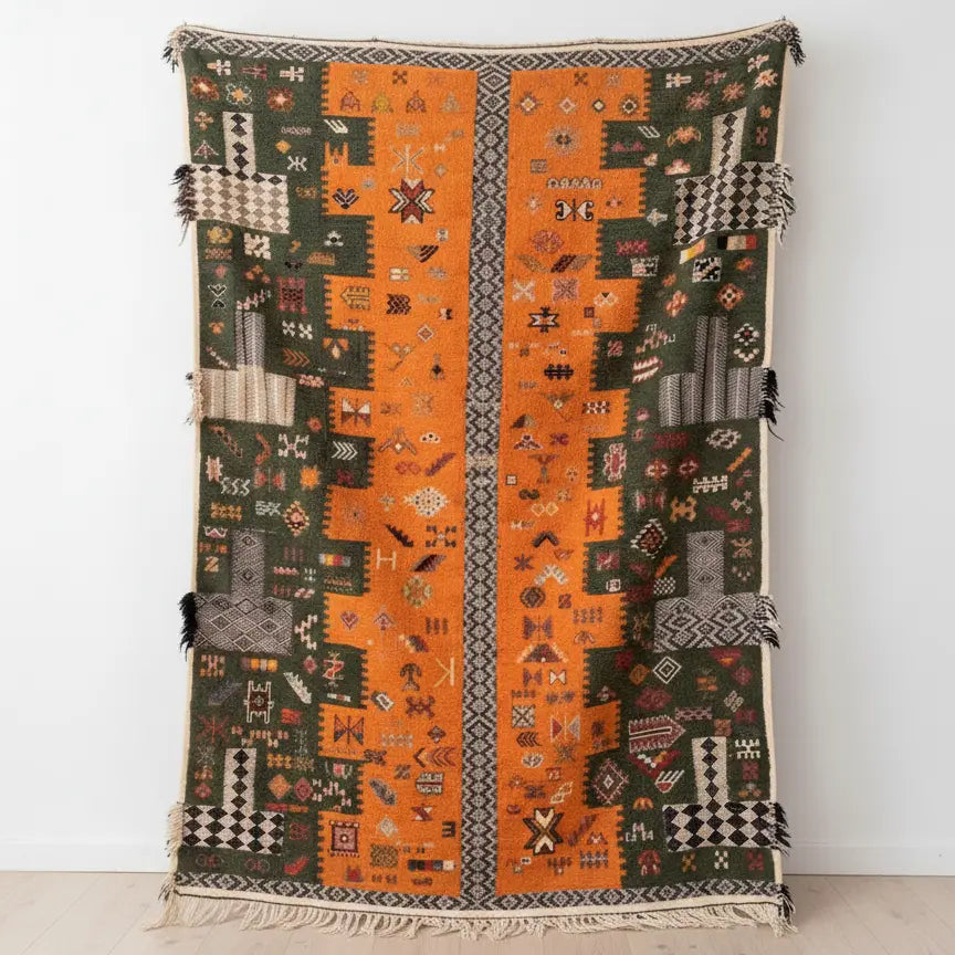 Green & Orange Moroccan Rug – Handwoven Artisan Piece