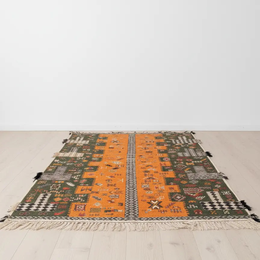 Green & Orange Moroccan Rug – Handwoven Artisan Piece