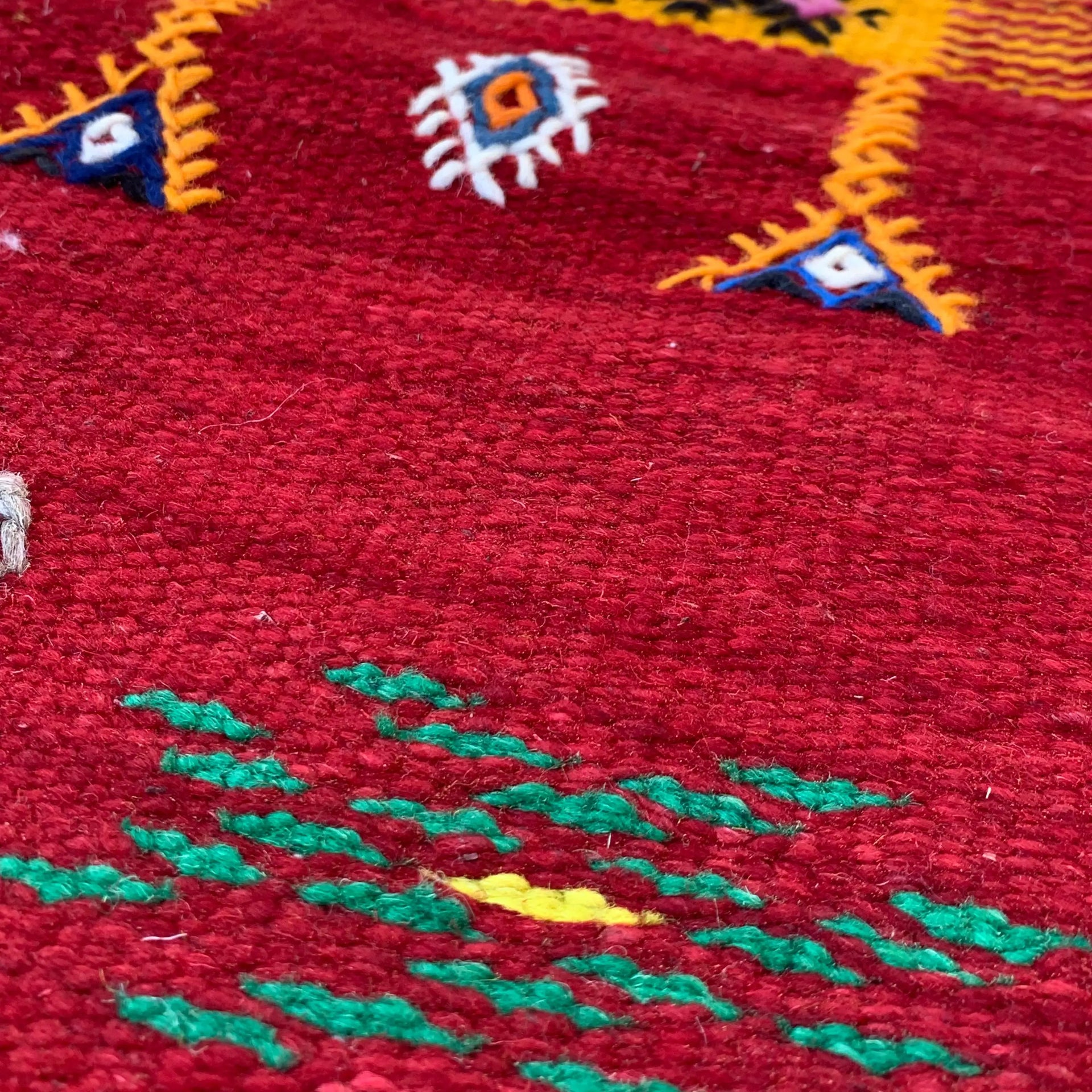 Small Red Flatweave Rug with Colorful Symbolic Motifs — 3’9” × 2’3” (104 × 67 cm) TazRugs