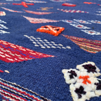 Close-up of a navy blue rug with embroidered patterns and a snowman design.