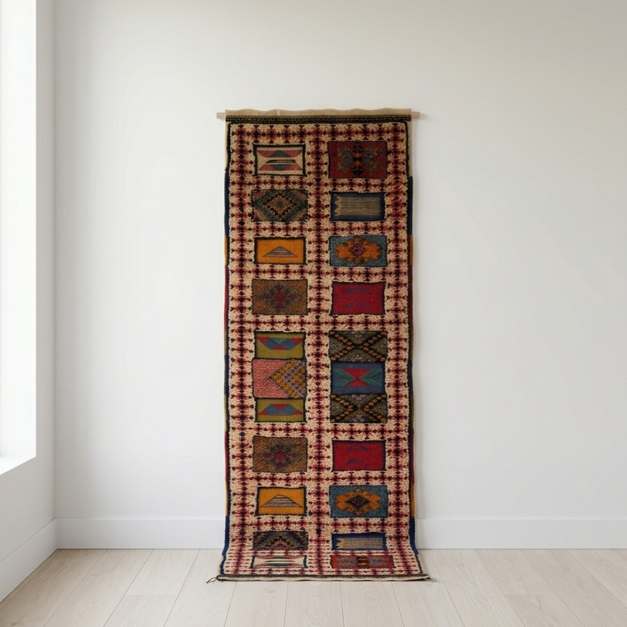 Handwoven Moroccan Berber runner rug in 100% wool with flatweave and knotted details, 72 × 240 cm