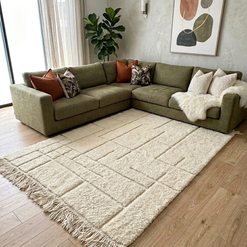 White Beni Ouarain Moroccan Rug - Handwoven Wool - 80 x 59 in