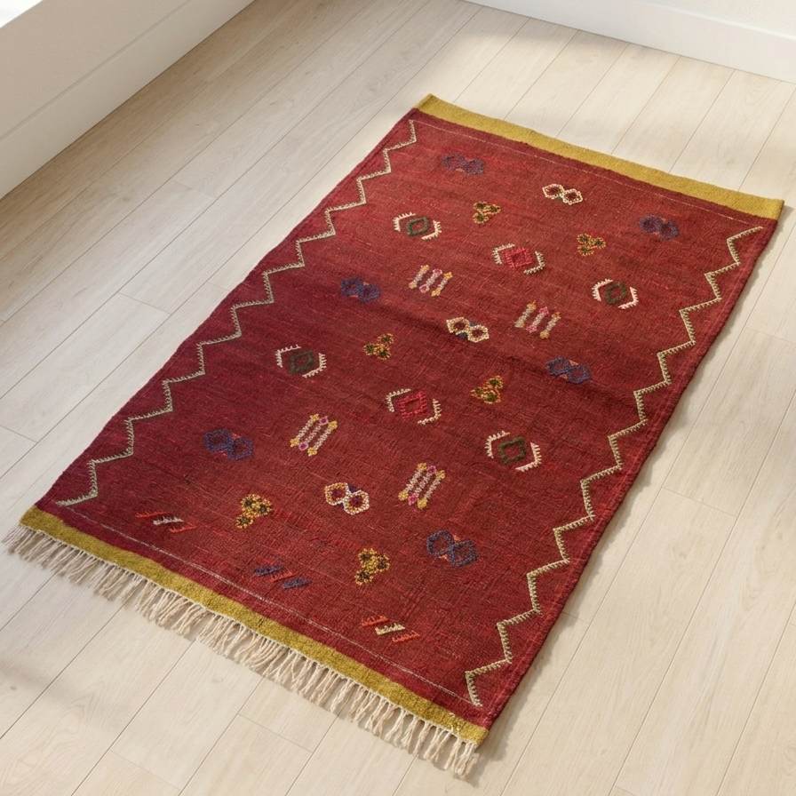 One-of-a-kind Moroccan wool kilim rug featuring traditional Amazigh motifs – 100 × 67 cm