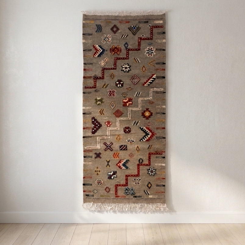 Moroccan Berber Kilim Rug handwoven from Atlas Mountain wool with Amazigh symbols