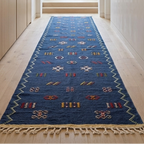 Full view of a handwoven blue Moroccan Kilim runner rug with Amazigh symbols