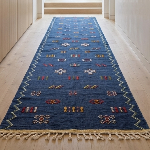 Full view of a handwoven blue Moroccan Kilim runner rug with Amazigh symbols