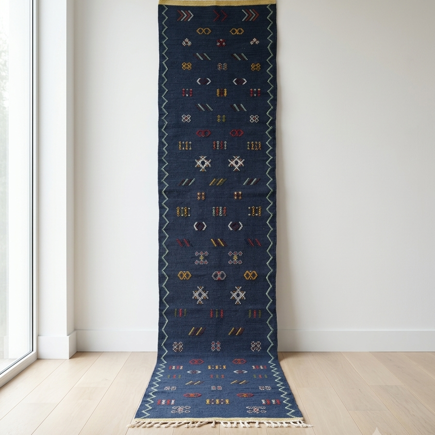 Handwoven Moroccan Kilim Berber runner rug in blue wool – 27 × 118 in