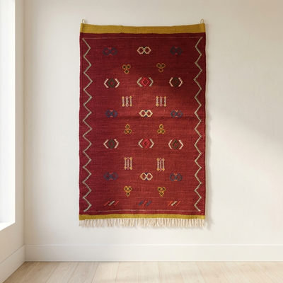 Deep Red Moroccan Kilim Rug with 20 Amazigh Symbols – 39 × 26 in