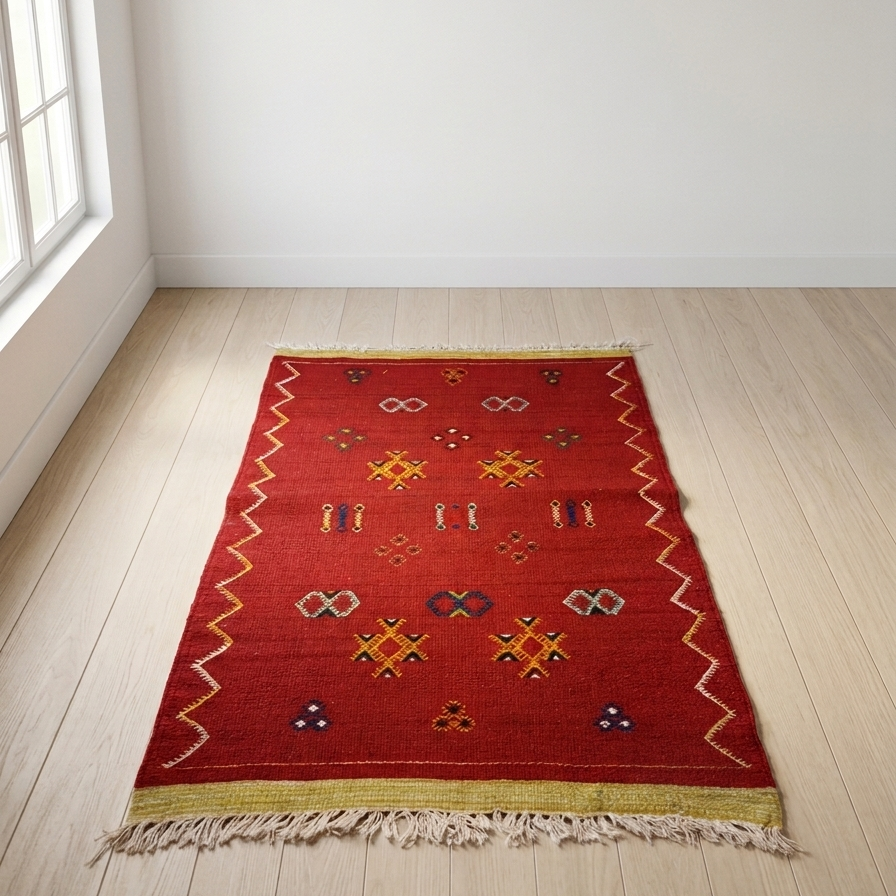 Traditional Amazigh symbols on a Moroccan wool rug