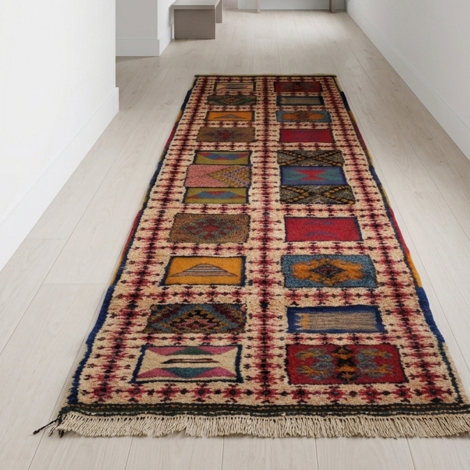 Full view of a handmade Moroccan runner rug with flatweave and knotted wool design