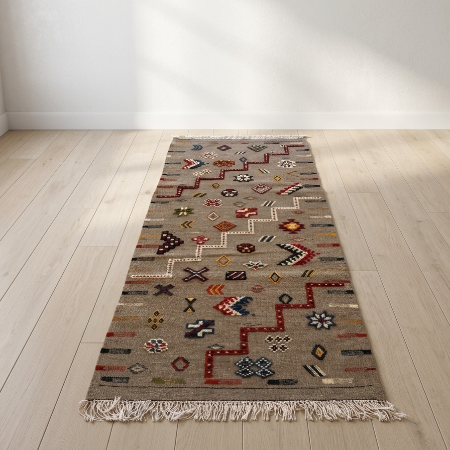 One-of-a-kind Moroccan Berber kilim runner featuring traditional Amazigh motifs
