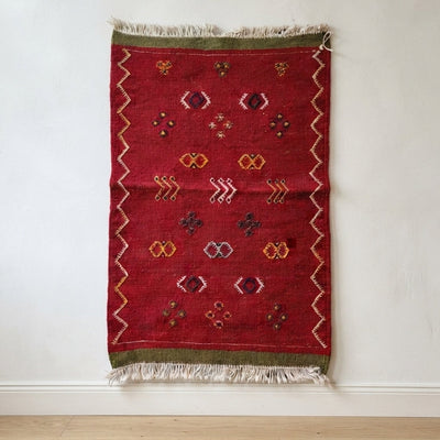 Deep Red Moroccan Kilim Rug with 20 Amazigh Symbols – 39 × 26 in