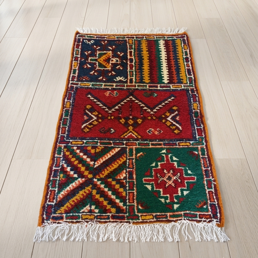 Hand-knotted Moroccan Berber patchwork rug in 100% Atlas Mountain wool featuring four Amazigh symbolic panels, 25 × 42 in (64 × 106 cm).