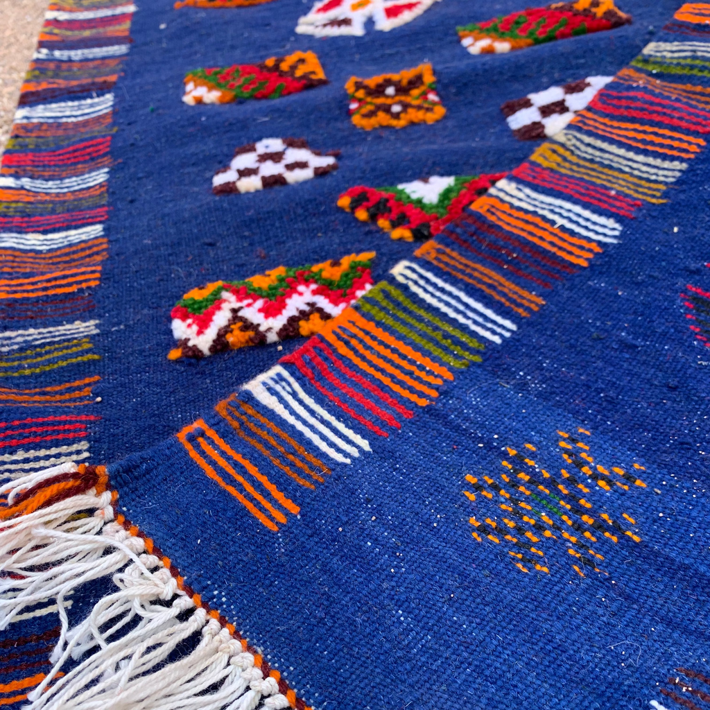 Close-up of a Moroccan rug – navy blue handwoven runner 