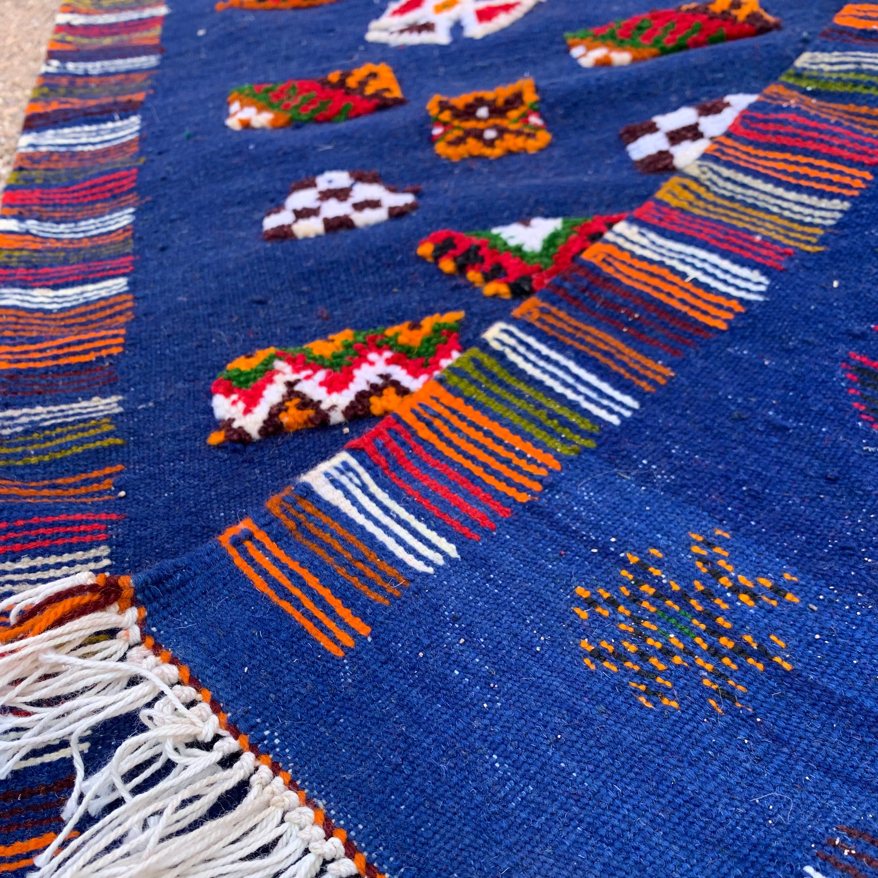 Close-up of a Moroccan rug – navy blue handwoven runner 