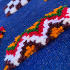 Close-up of a Moroccan rug – navy blue handwoven runner with symbols