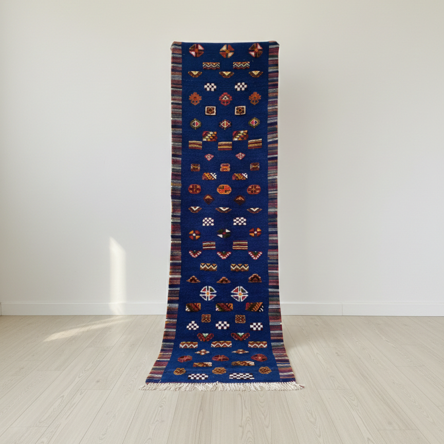 Moroccan rug – navy blue handwoven runner with symbols