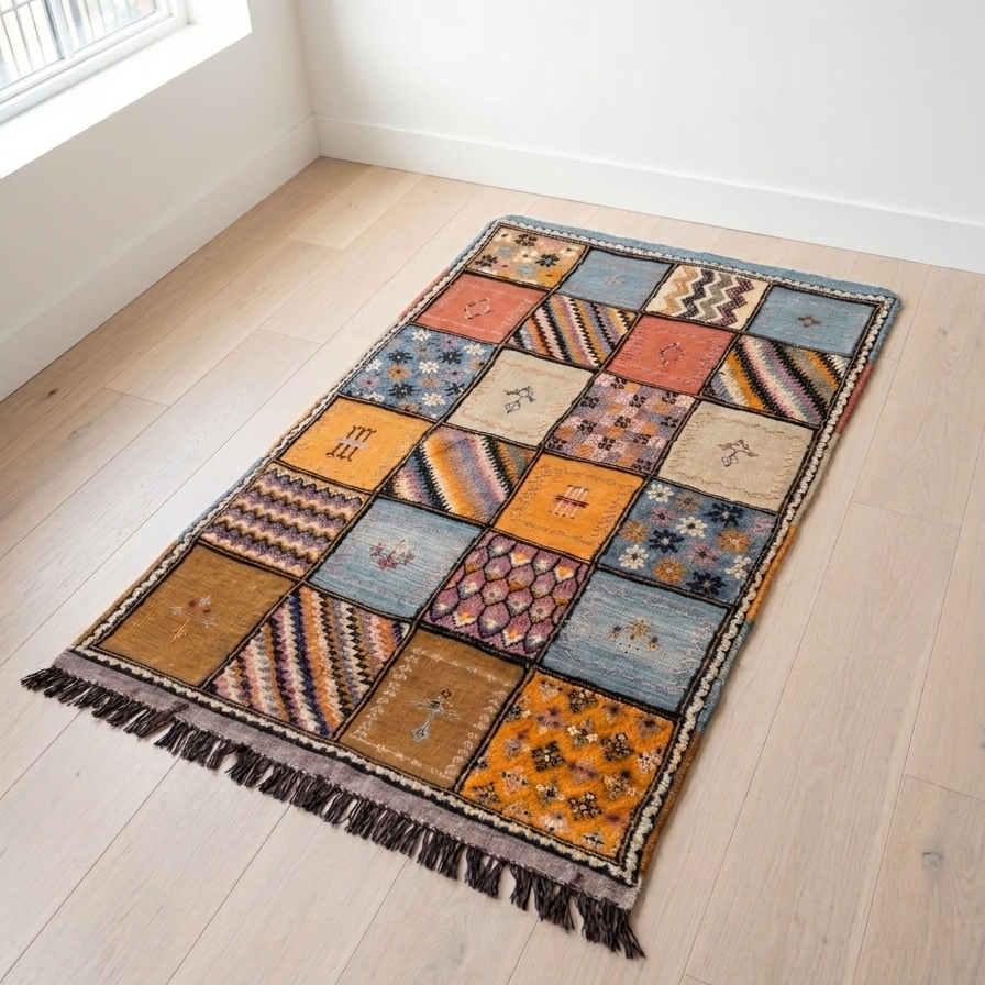 One-of-a-kind patchwork Moroccan rug with 20+ unique hand-knotted squares in earthy tones, 