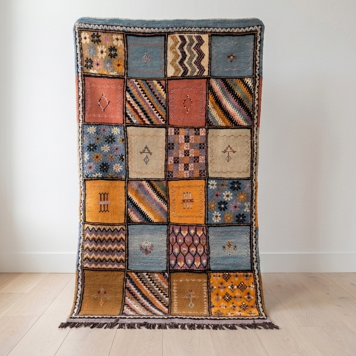 Patchwork Moroccan rug 122x208cm handwoven natural wool plant-dyed Berber rug
