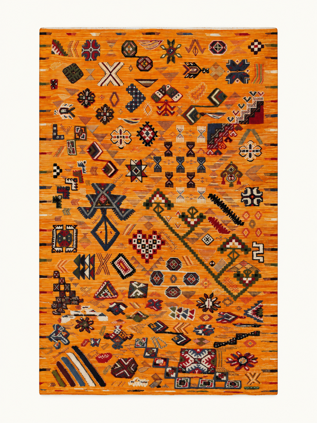 Amber Motifs custom Taznakht rug with multicoloured hand-knotted motifs on an amber flatweave wool ground