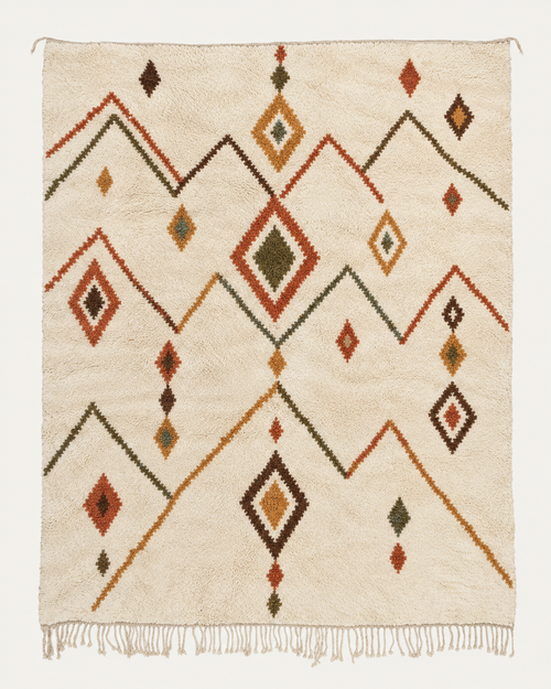 Atlas Echo Beni Ouarain custom Moroccan rug with terracotta, olive, ochre and brown mountain-inspired geometric lines on warm ivory wool