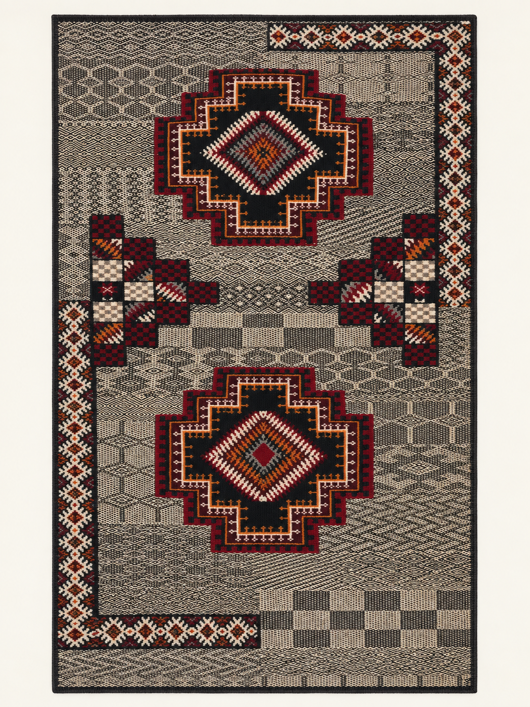 Atlas Emblems custom Taznakht rug in black, ivory, red and ochre with Zanafi flatweave and hand-knotted wool motifs