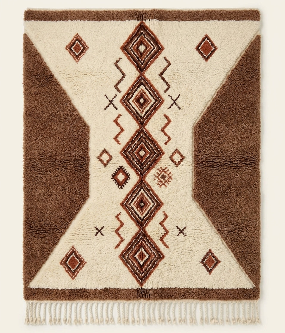 Atlas Passage Beni Ouarain custom Moroccan rug with cocoa geometric forms and protective diamond motifs on ivory wool