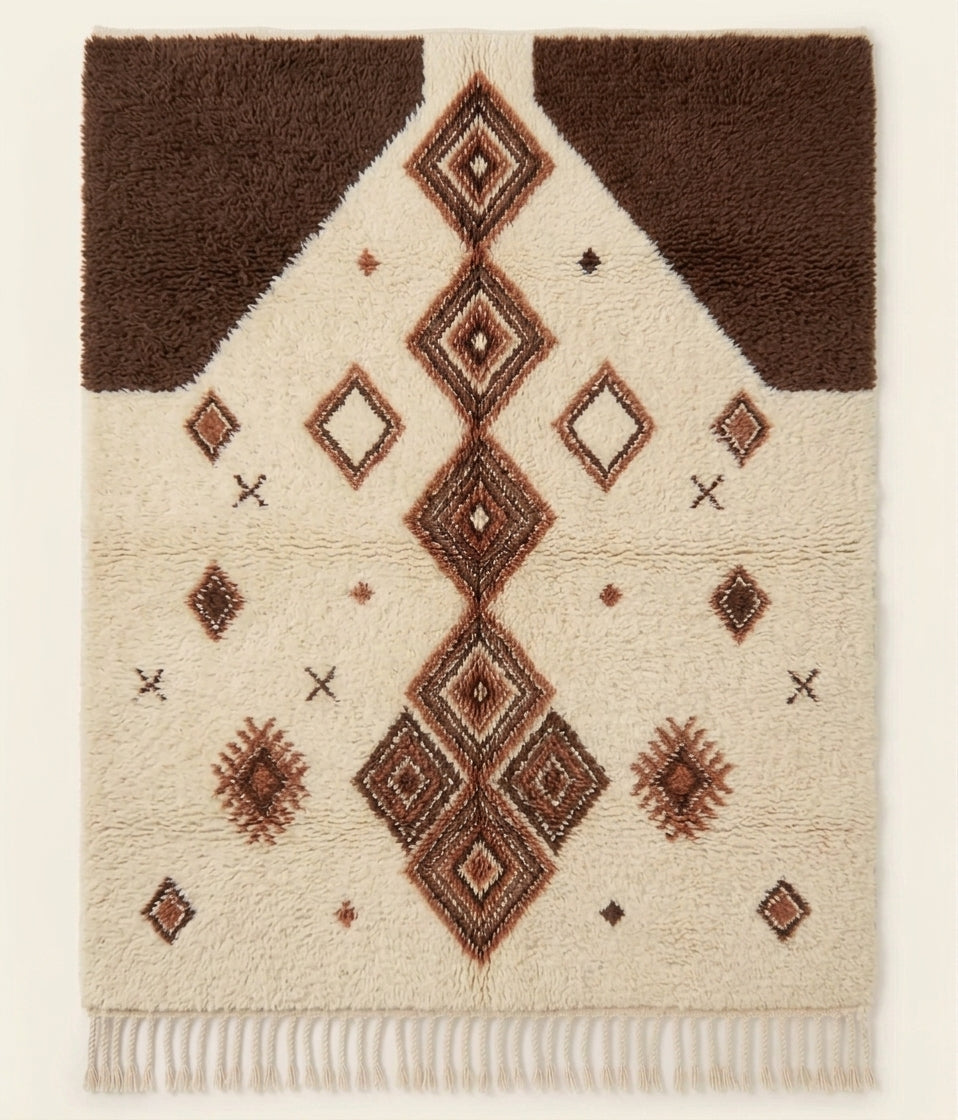 Atlas Thread Beni Ouarain custom Moroccan rug with cocoa and terracotta Amazigh diamond motifs on ivory wool