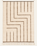 Between Paths Beni Ouarain custom Moroccan rug with deep cocoa flatweave geometric lines on warm ivory wool.