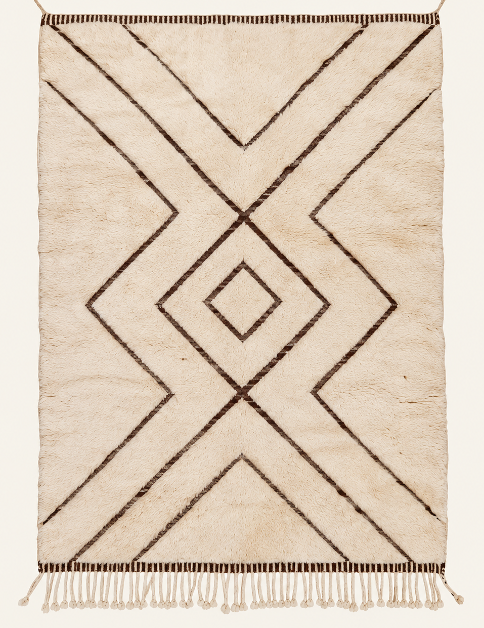 Centerline Beni Ouarain custom Moroccan rug with deep cocoa flatweave geometric lines on warm ivory wool
