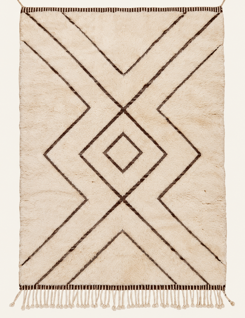 Centerline Beni Ouarain custom Moroccan rug with deep cocoa flatweave geometric lines on warm ivory wool