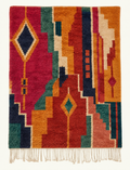 Chromatic Passage custom Boujaad rug in crimson, ochre, teal, navy and terracotta, hand-knotted in Morocco