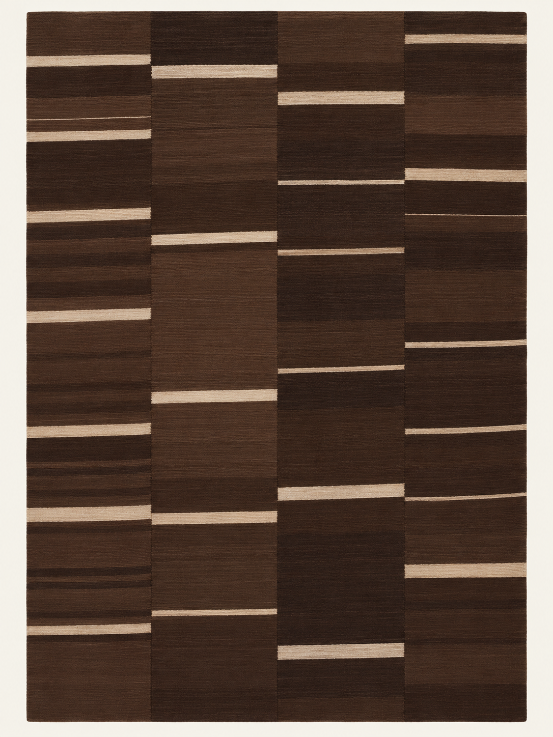 Cocoa Intervals custom Moroccan kilim rug with deep brown woven fields and fine ivory lines