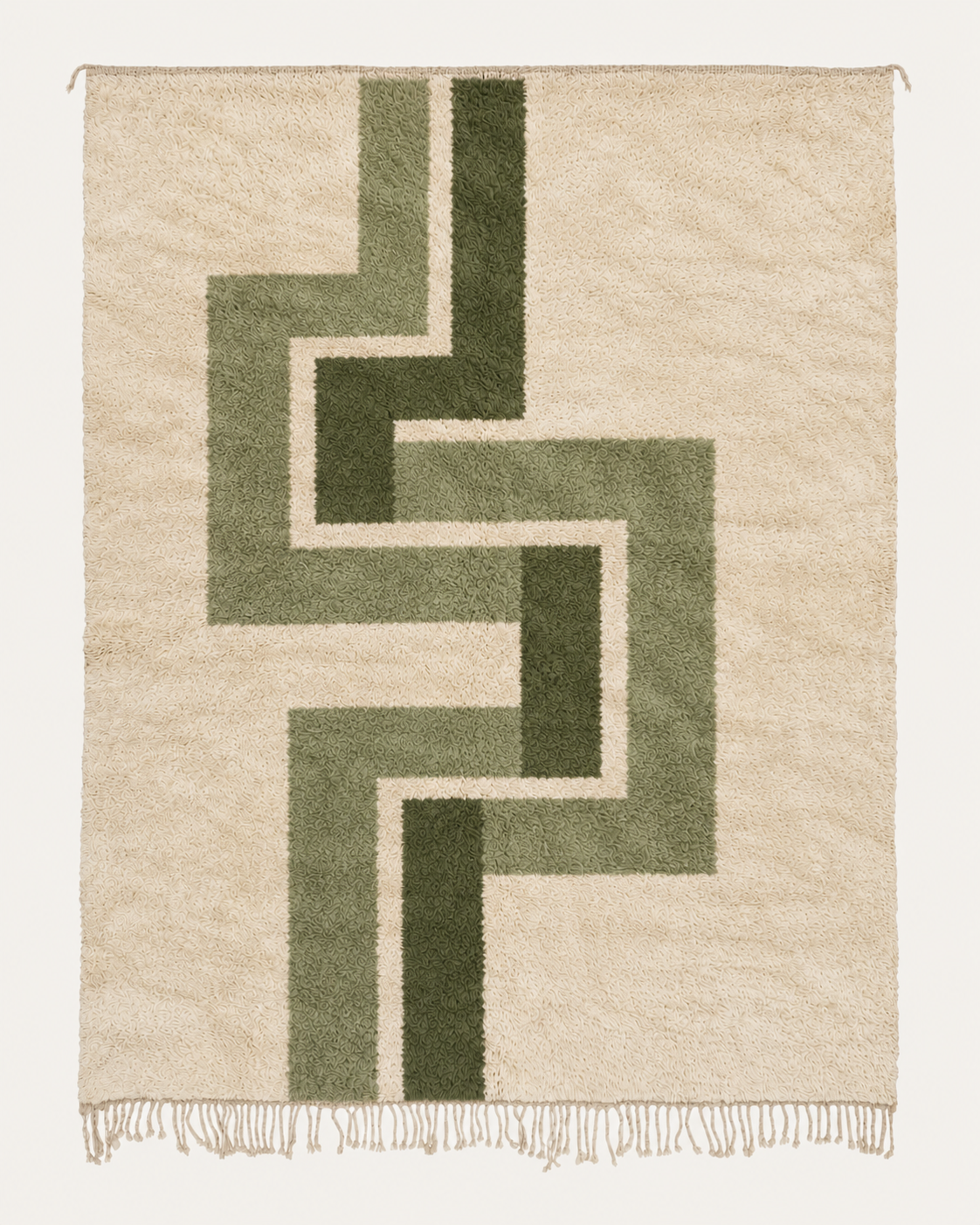 Common Thread custom Beni Mrirt rug in ivory, sage and deep olive, hand-knotted in Morocco