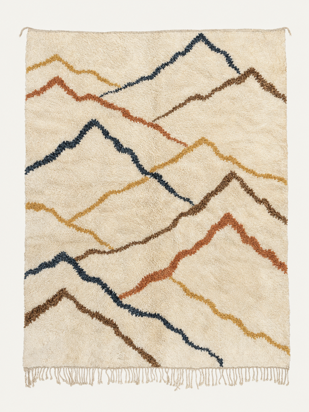 Crossing Ridges Beni Ouarain custom Moroccan rug with indigo, terracotta, ochre and brown mountain-inspired lines on warm ivory wool