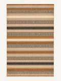 Desert Cadence custom Moroccan kilim rug with rhythmic woven stripes in camel, ivory, taupe, brown and black