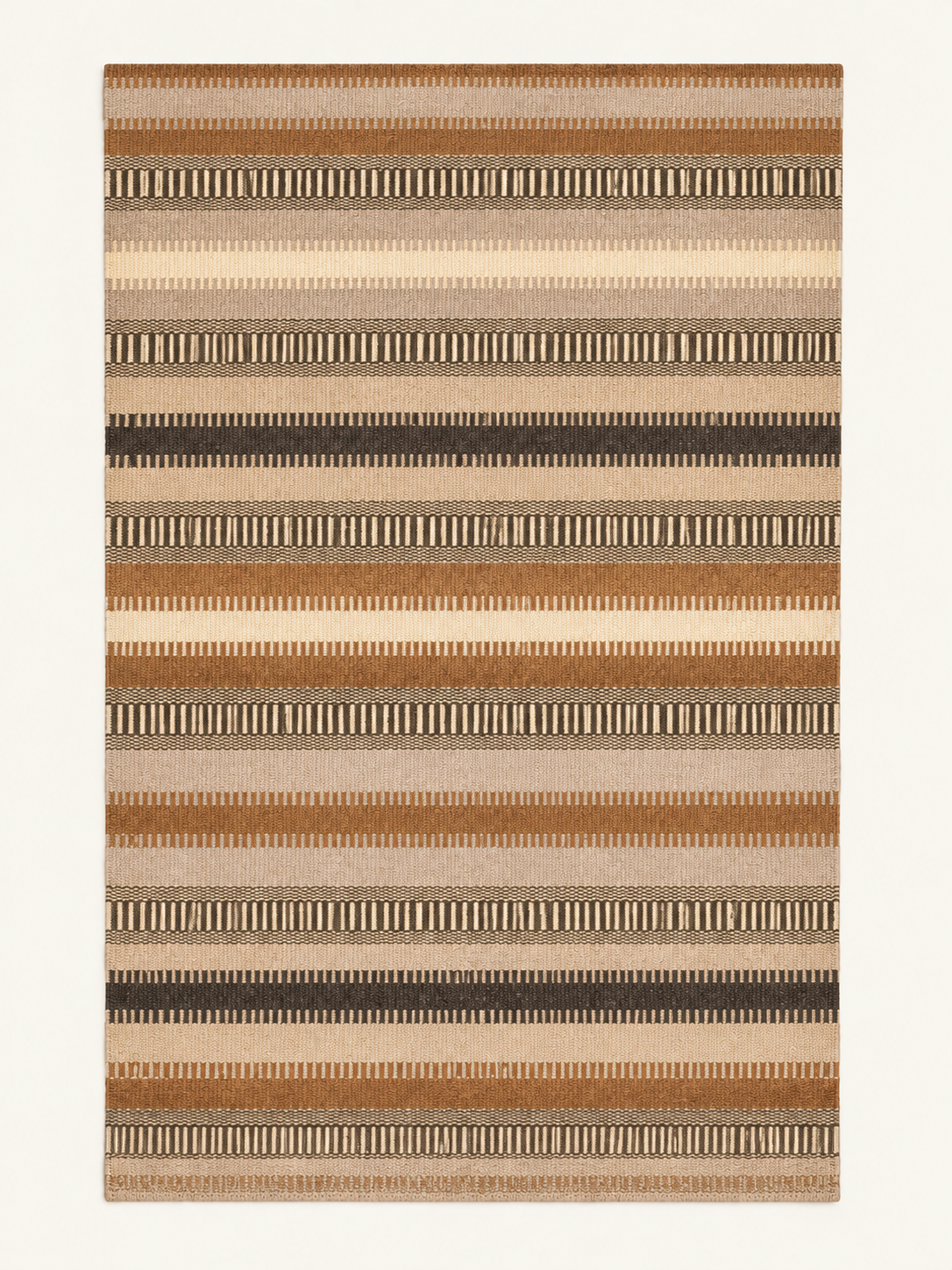 Desert Cadence custom Moroccan kilim rug with rhythmic woven stripes in camel, ivory, taupe, brown and black