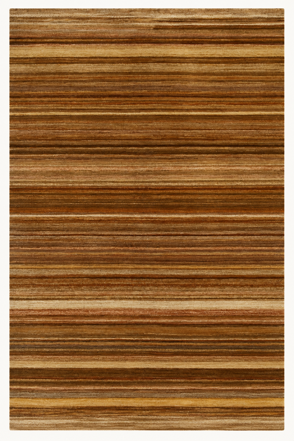 Desert Grain custom Moroccan kilim rug with layered horizontal bands in warm brown, camel, sand and tobacco tones
