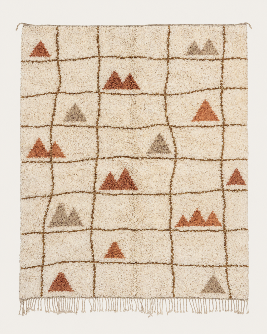 Desert Mosaic Beni Ouarain custom Moroccan rug with terracotta and taupe geometric motifs within an irregular brown grid on warm ivory wool