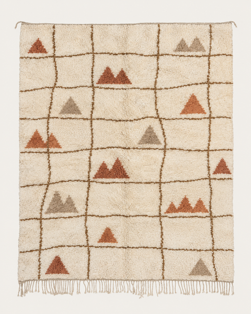 Desert Mosaic Beni Ouarain custom Moroccan rug with terracotta and taupe geometric motifs within an irregular brown grid on warm ivory wool